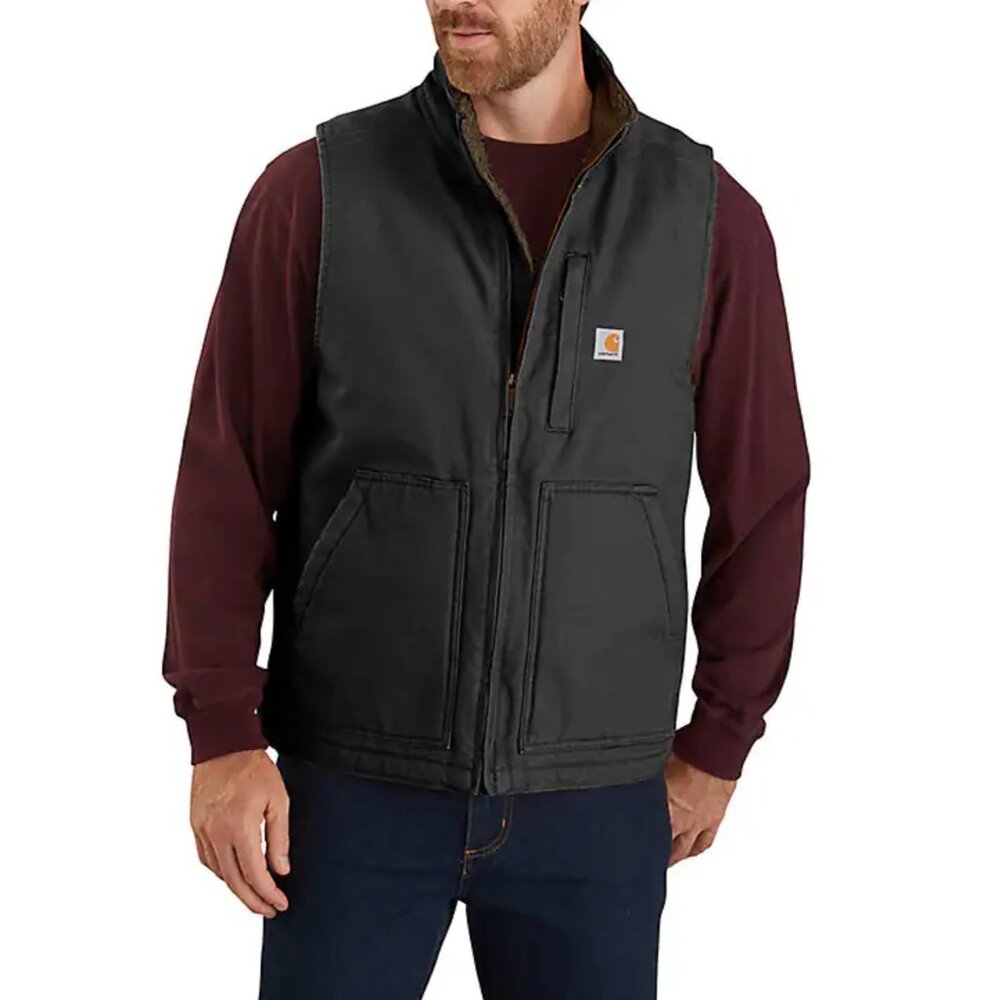 Carhartt Black Washed Duck Mock-Neck Sherpa Lined Vest Loose Fit Men's Size L